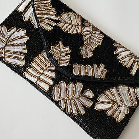 Black Gold Beaded Palm Leaf Bead Crossbody Chain Clutch Boho Handbag NEW - Picture 6 of 8
